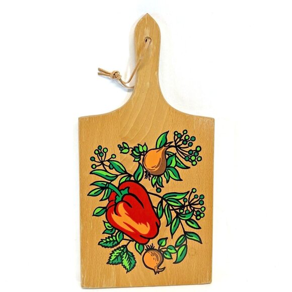 Vintage Wood Cutting Board Vegetables with Hanging Strap Made in Yugoslavia - Picture 1 of 4